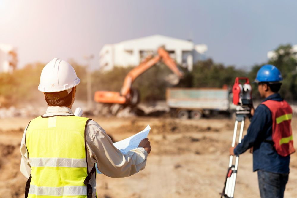 Worker Is Looking At A Blueprint At A Construction Site — Surveyor In Canowindra, NSW