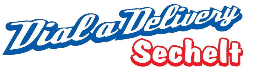 A blue and red logo for vida delivery sechelt