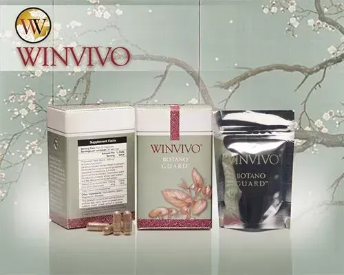 WINVIVO Botano Guard supplement packaging. Three containers: capsules, a box, and a foil pouch on a floral background.
