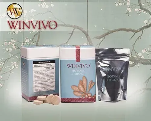 WINVIVO brand product packaging for sore throat; tablets, and a pouch with floral background.
