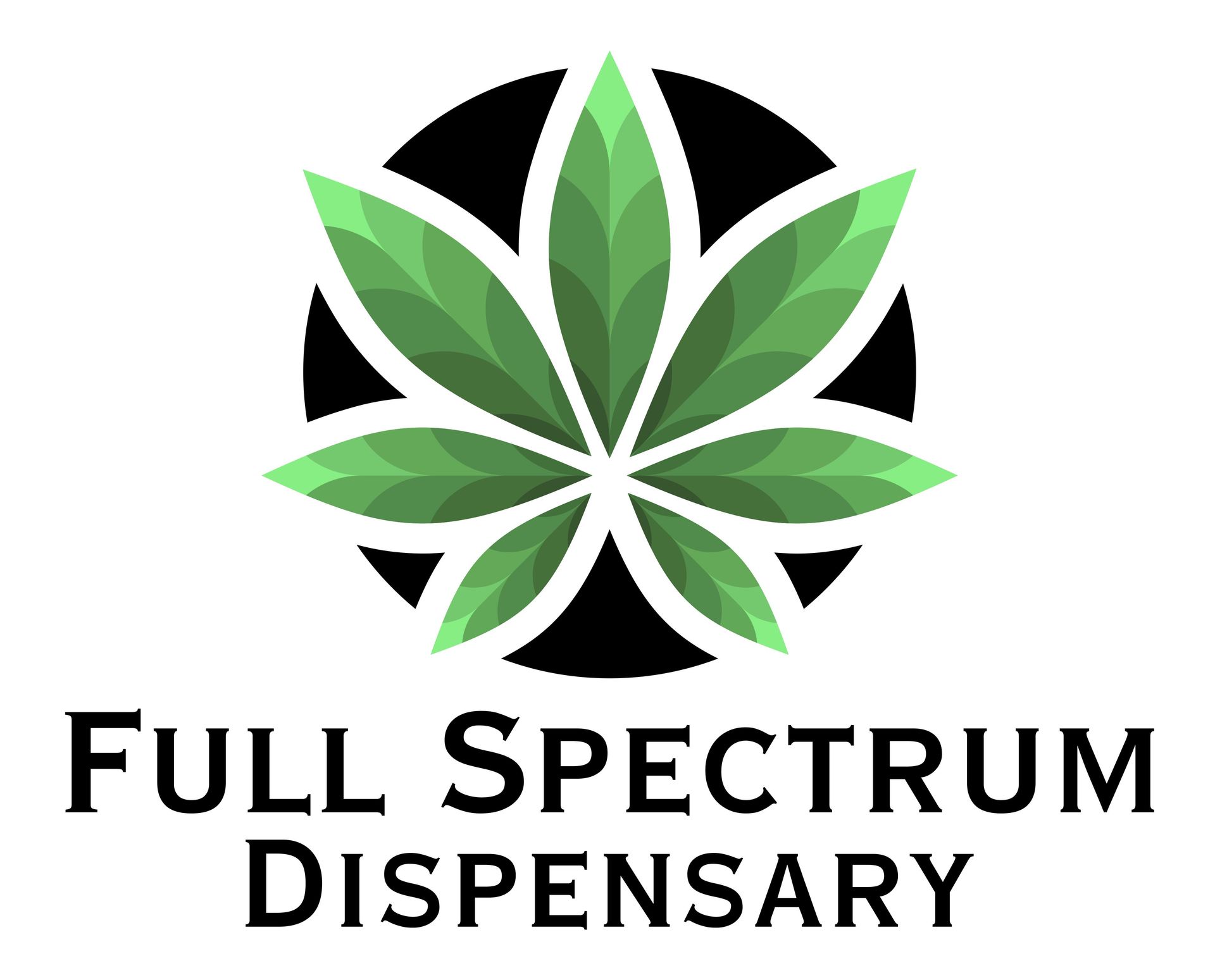 Full Spectrum Dispensary logo with green leaf emblem and black text on white background