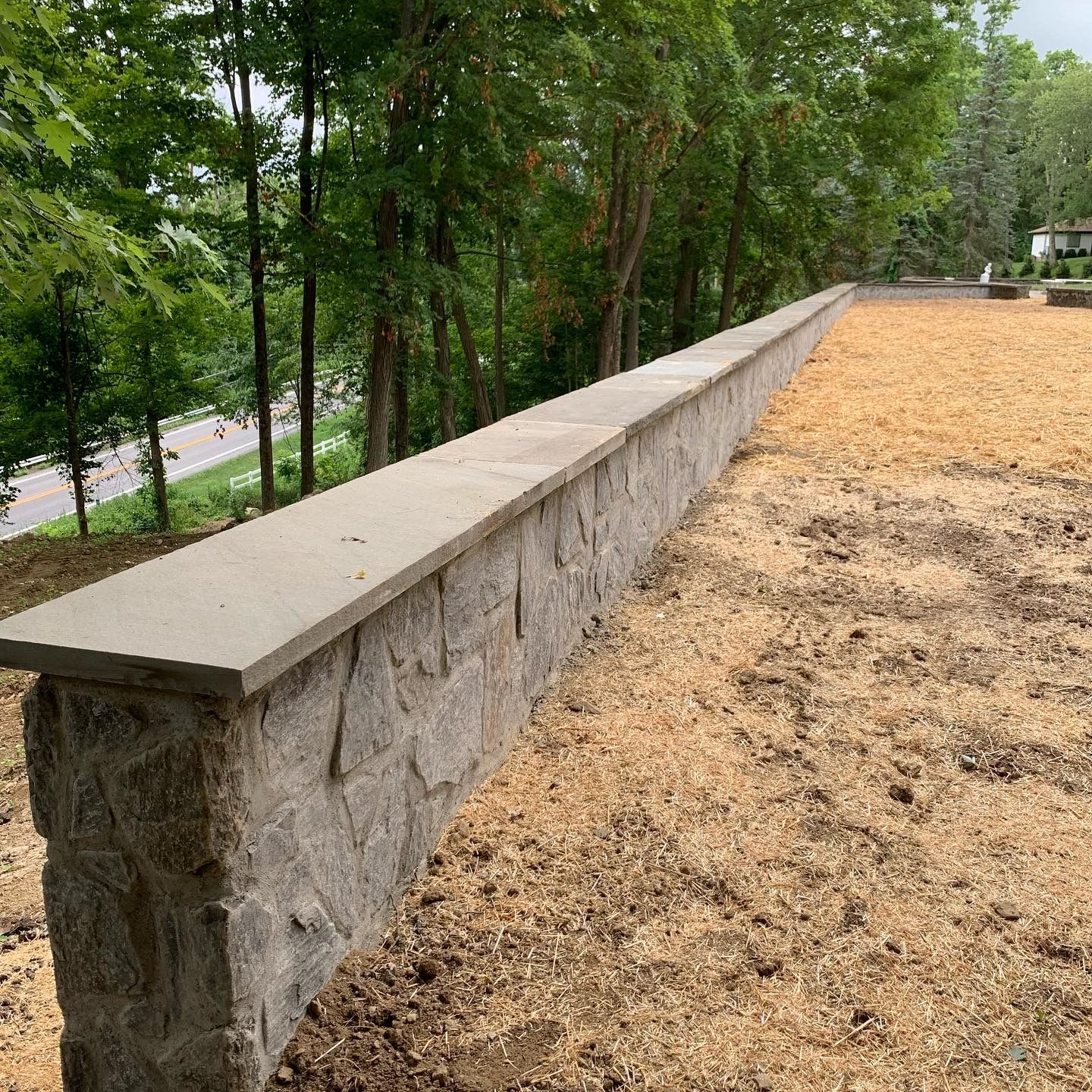 A large stone wall is surrounded by trees and dirt.