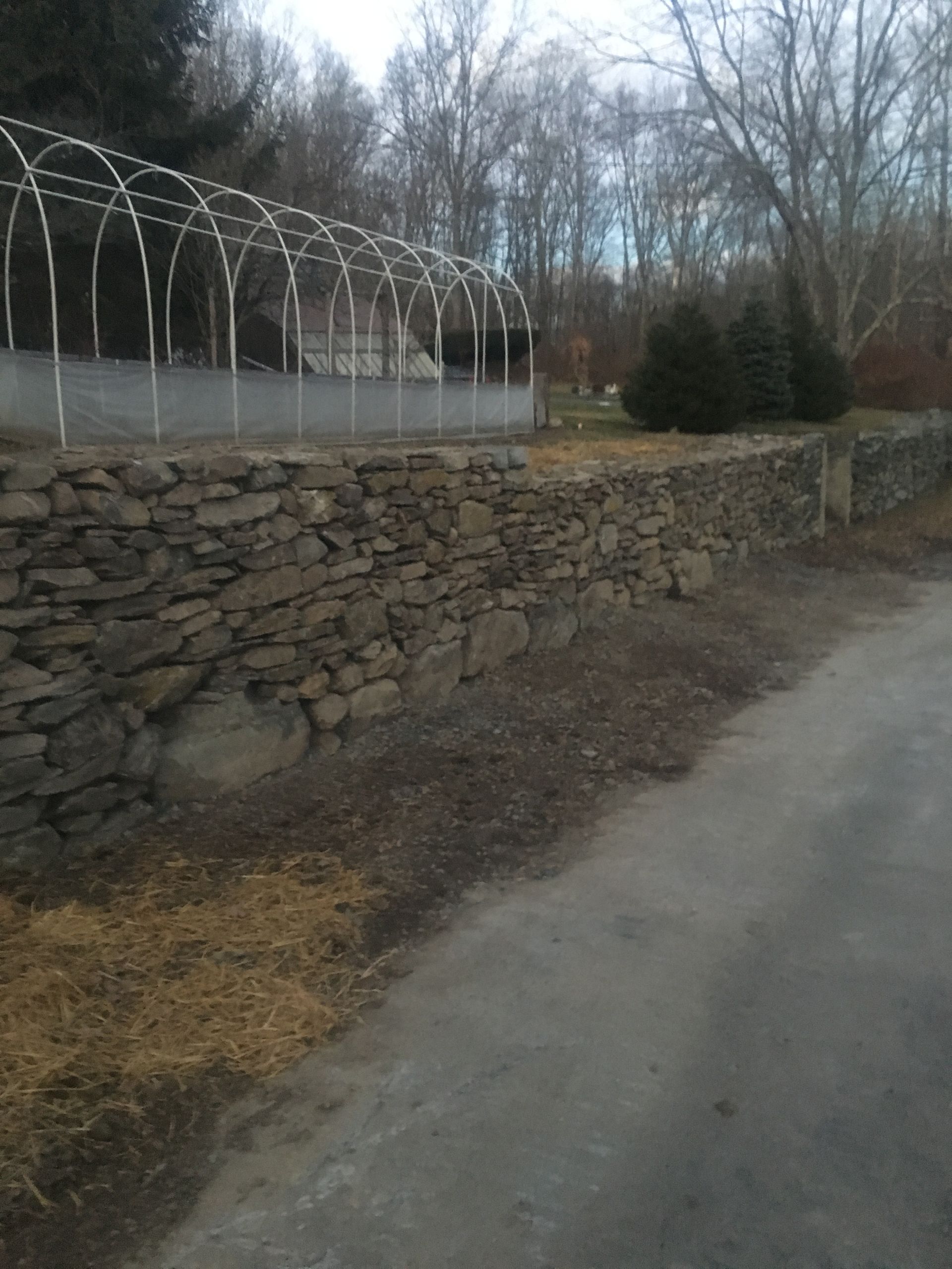 A greenhouse is sitting on top of a stone wall next to a road.