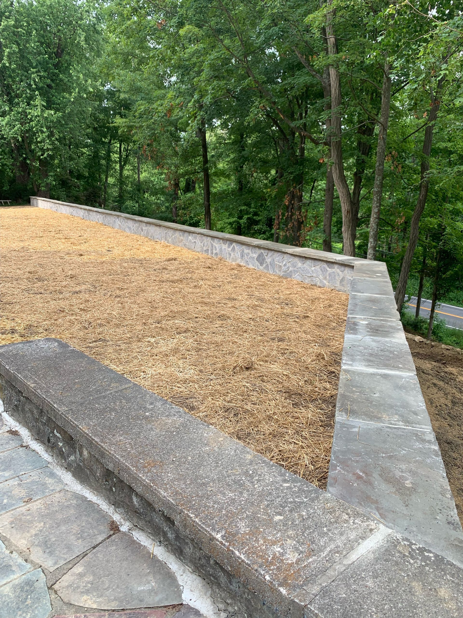 A concrete wall surrounds a pile of wood chips.