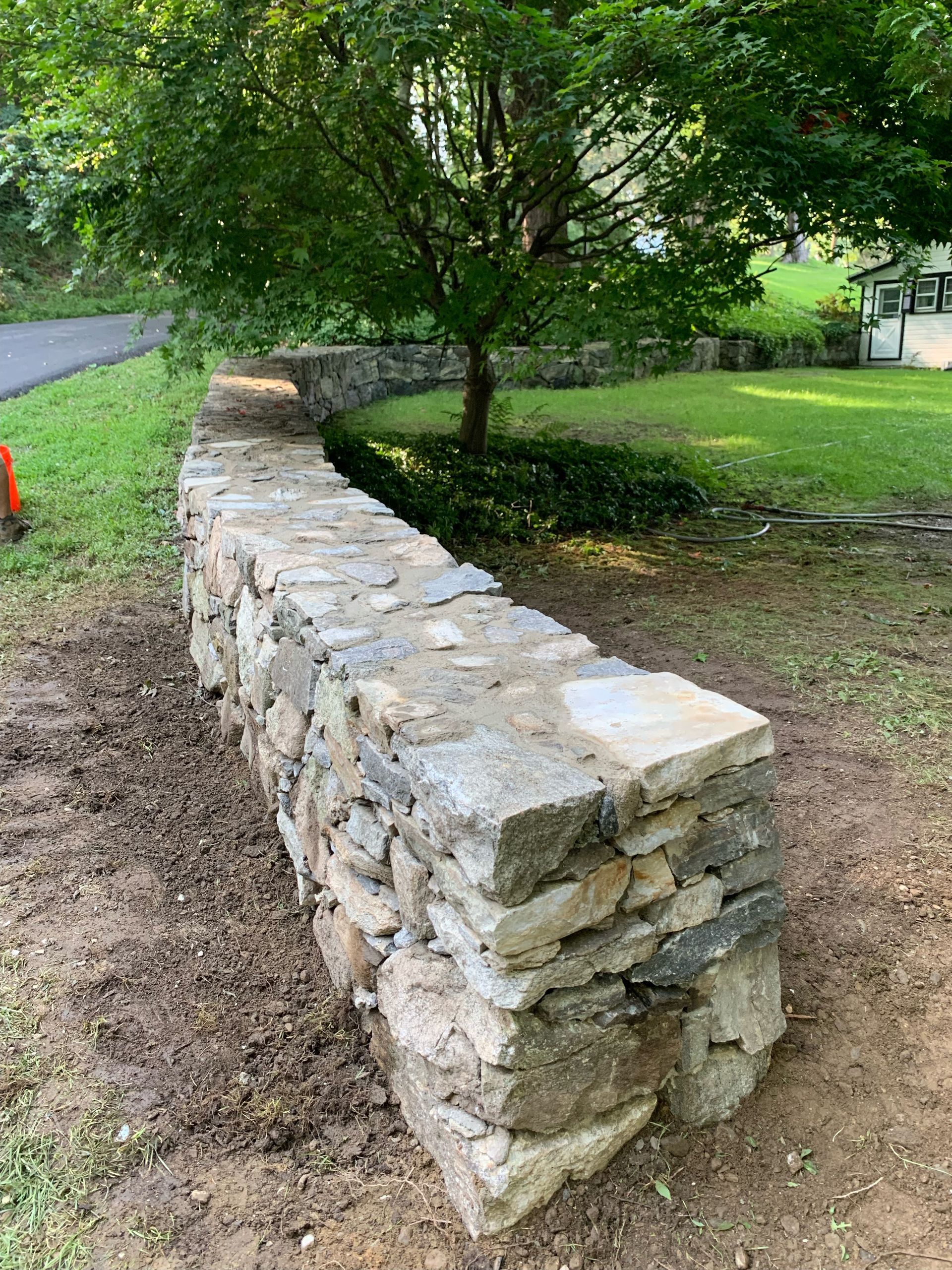 A stone wall is being built in a yard next to a tree.