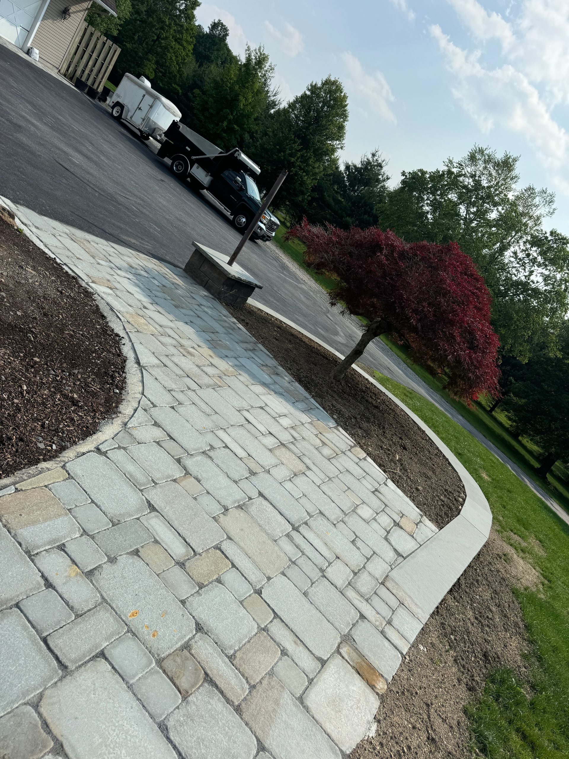 A brick walkway with a tree in the middle of it