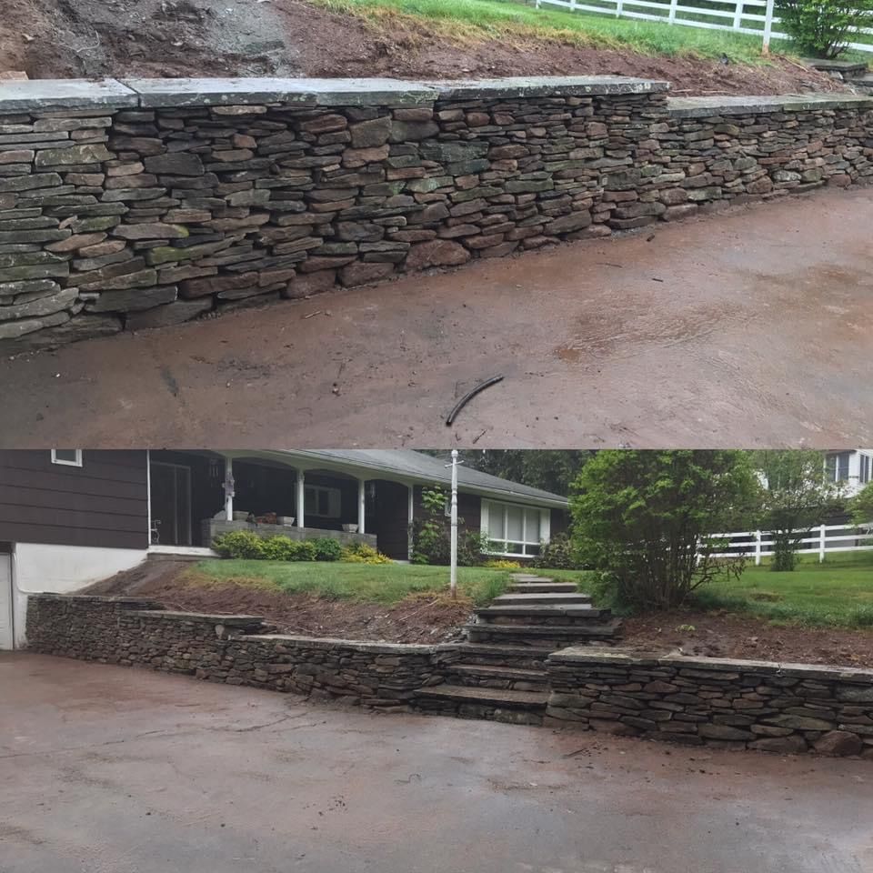 A before and after picture of a stone wall