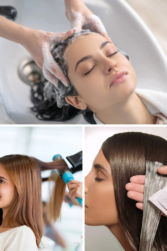 Top: Woman getting hair washed at salon. Bottom left: Hair being styled with a brush and hairdryer. Bottom right: Hair being treated at a salon.