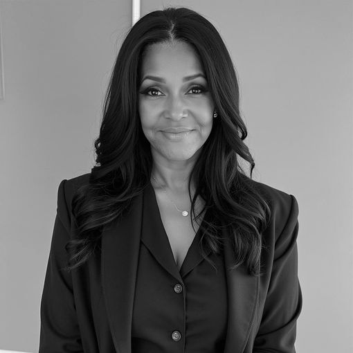 A black and white photo of a woman wearing a suit and smiling.