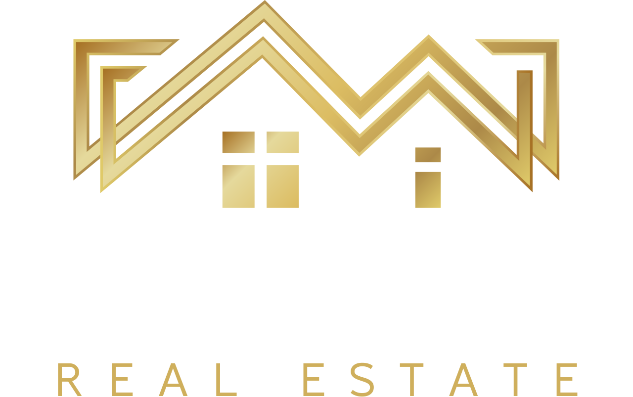 A logo for a real estate company with a house in the background.