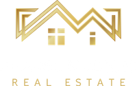 A logo for a real estate company with a house in the background.