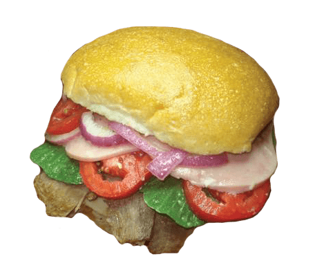 Un sándwich con tomates, cebollas y lechuga en un panecillo