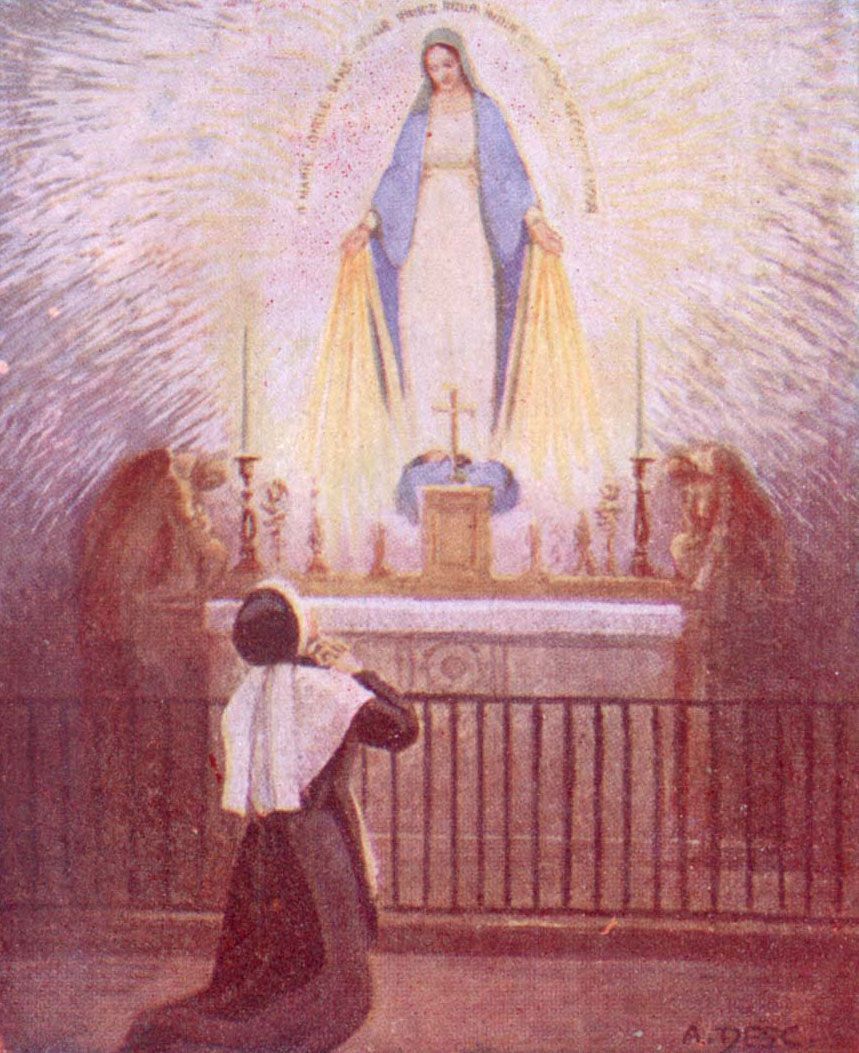 St Catherin Labouré kneeling in front of the apparition of the Virgin Mary.