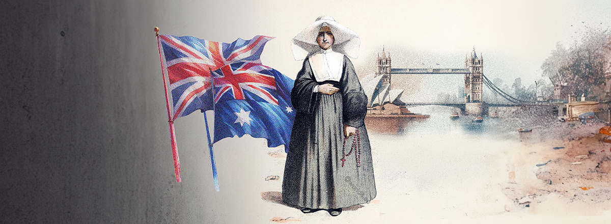 A painting of a woman standing next to two flags.