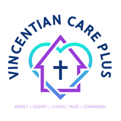 The logo for vincentian care plus shows a house and a cross