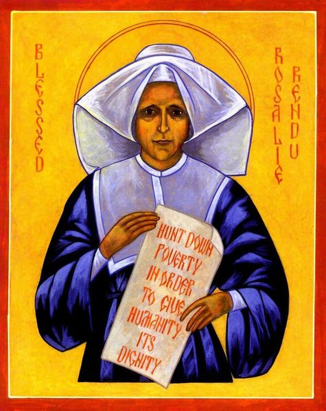 Icon of Blessed Rosalie Rendu, founder of the 'Daughters of Charity, ' holding a piece of paper that says, 'Hunt down poverty in order to give humanity its dignity'.