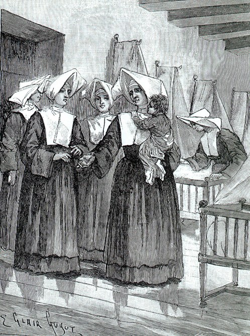 a black and white drawing of a group of nuns and Bl Rosalie Rendu holding a baby 