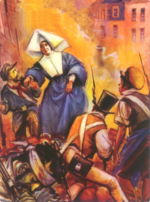 a painting of a Bl Rosalie Rendu standing next to a group of soldiers