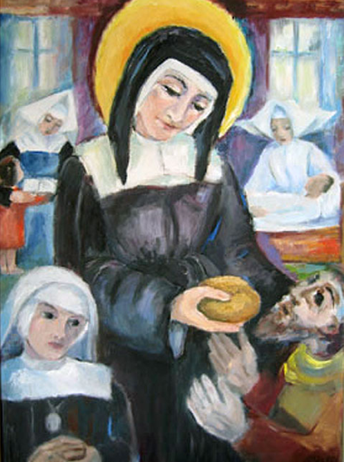 a painting of St Louise de Marillac  giving bread to a man