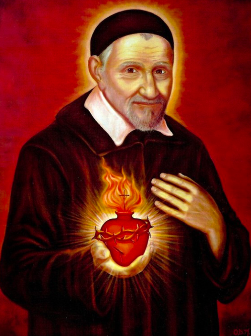 a painting of St Vincent de Paul holding the sacred heart with flames coming out of it