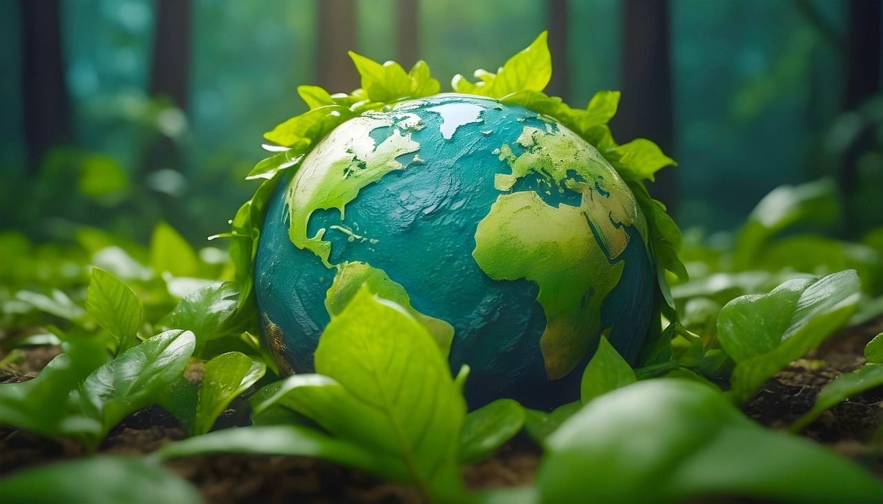 Earth globe surrounded by green plants in a forest, symbolizing environmental protection and nature.