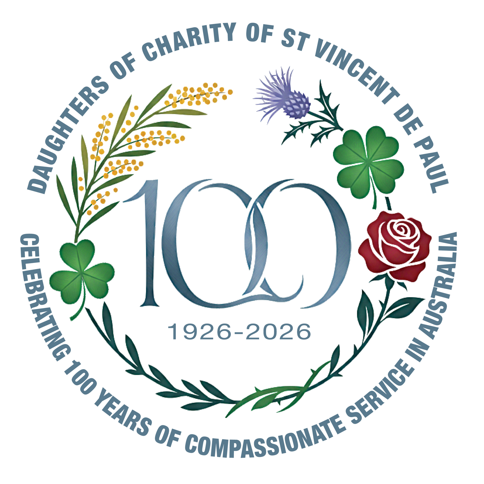 Daughters of Charity 100th anniversary emblem with flowers, clovers, and “1926–2026” in blue and green.