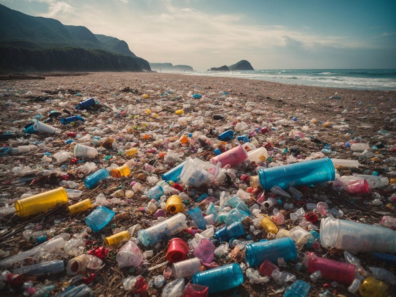 Plastic pollution covers a beach with colorful bottles and debris; mountains and ocean in the background.