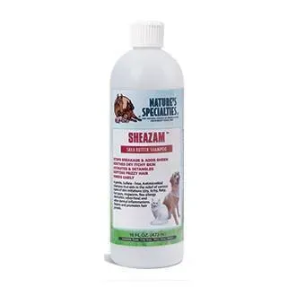 A bottle of nature 's specialties sheazam shampoo for dogs and cats.