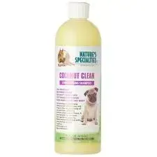 A bottle of nature 's specialties coconut clean conditioning shampoo for dogs.