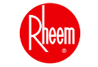 Rheem logo in white text on a red circular background