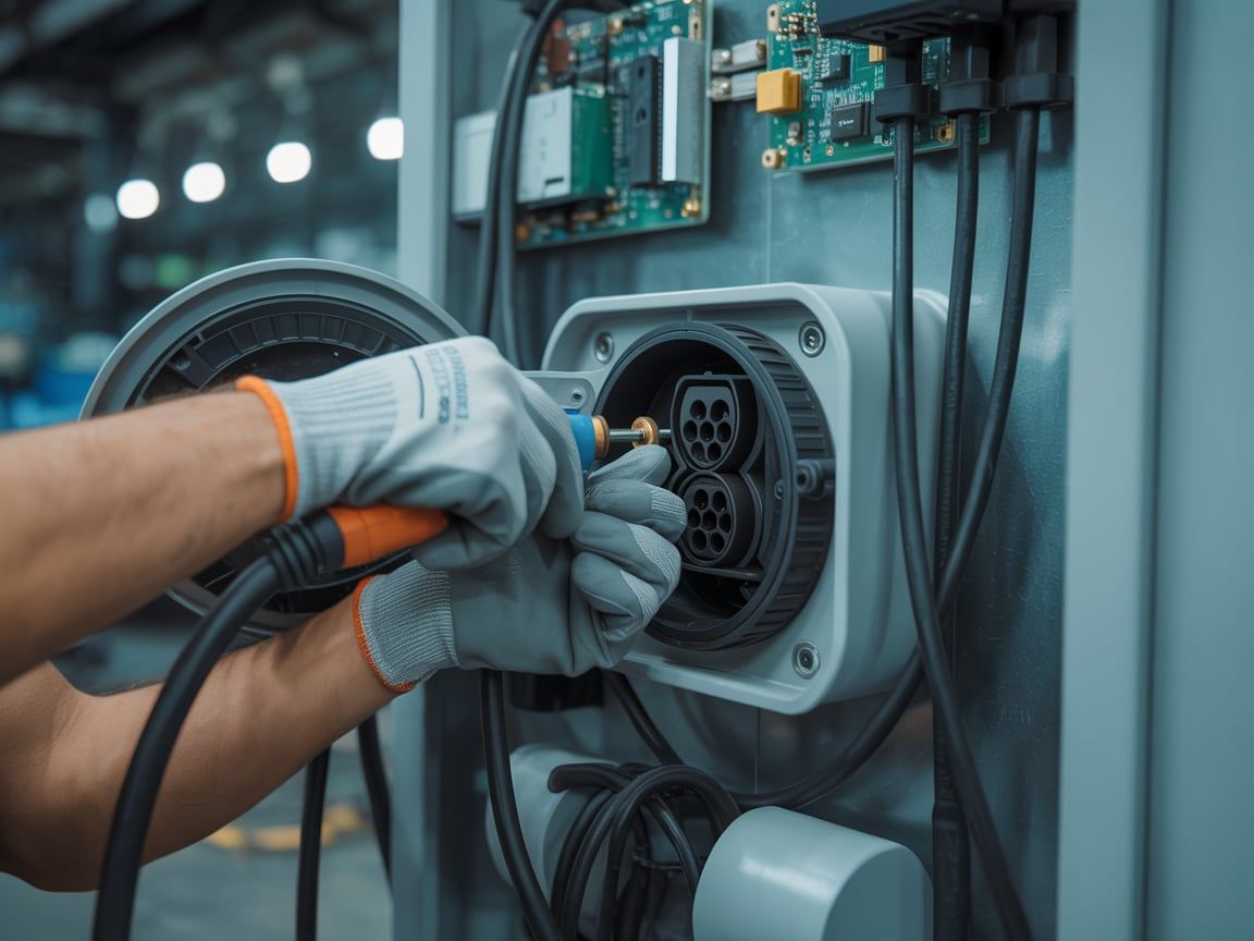 Person with gloves connects a charging cable to an EV charging station, near electronics.