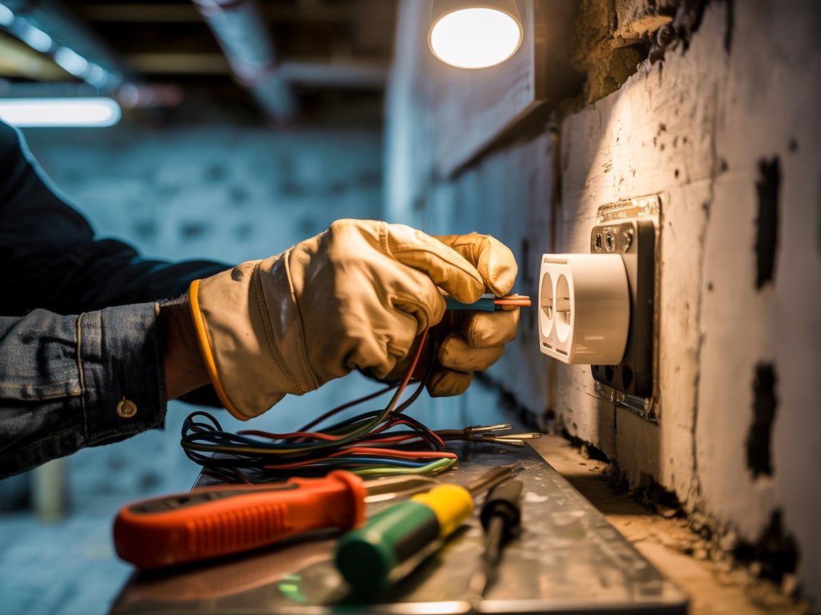 Electrician installing a white electrical outlet on a concrete wall, wearing gloves, working with wires.