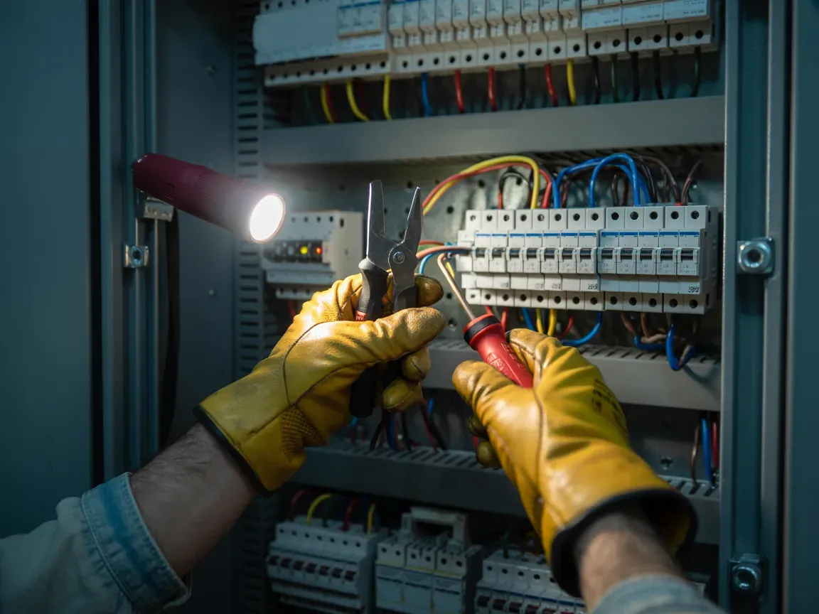 Electrician working on wiring in an electrical panel, wearing yellow gloves and holding tools with a flashlight.