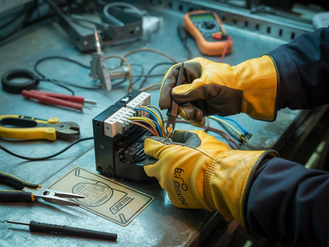 Person wearing yellow gloves wiring electrical components on a workbench with tools.