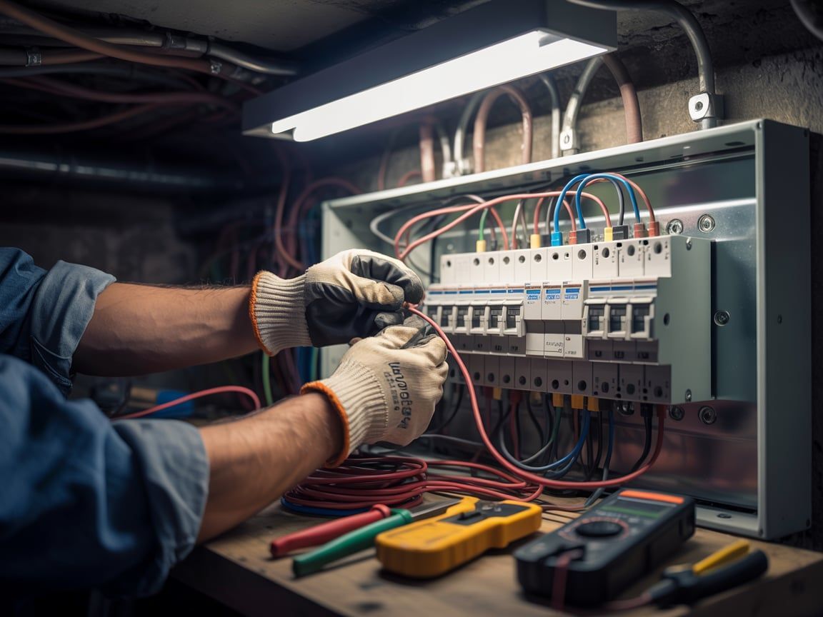Electrician working on a circuit breaker panel, wearing gloves, illuminated by overhead light.