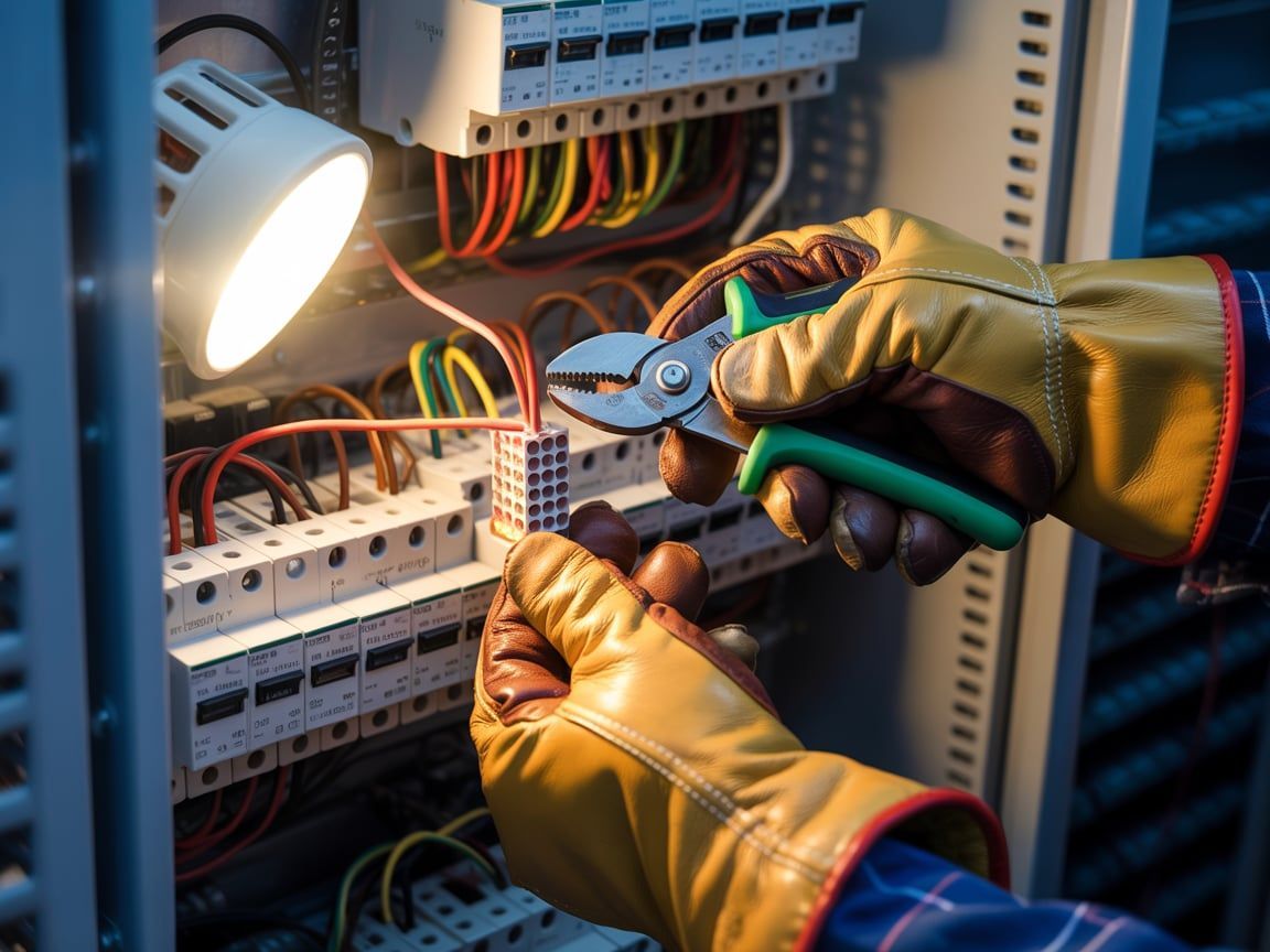 Electrician in gloves using pliers on wiring in a panel, lit by a work light.