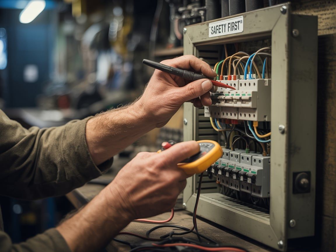 Electrician testing wiring in a control panel with a multimeter and probe in an industrial setting.