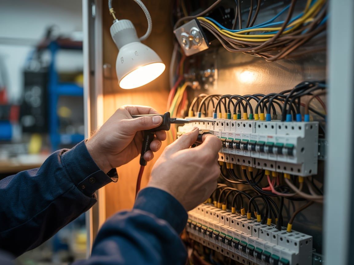 Electrician working on a circuit breaker panel, illuminated by a small lamp.