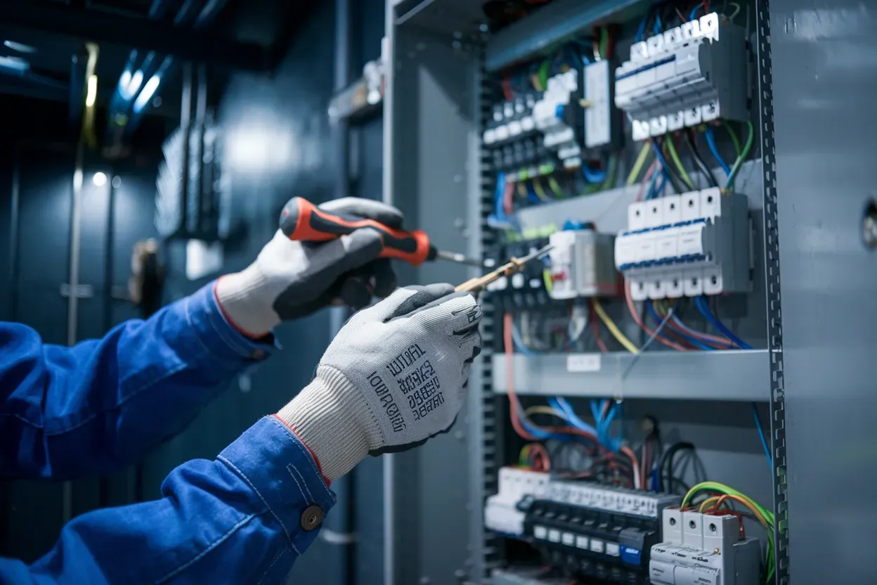 An electrician is working on an electrical box with a screwdriver.