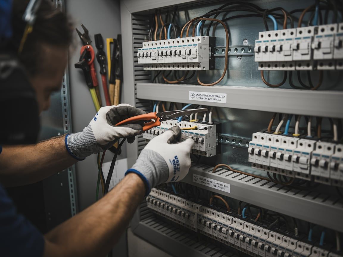 Electrician working on a circuit breaker panel, wearing safety gloves, cutting wires.