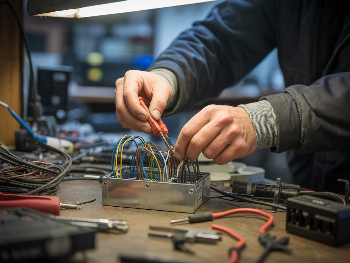 A person is using a screwdriver to work on wires in a metal box on a workbench.