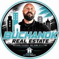 Skyline Realty logo with bearded man, red-and-black city skyline, and slogan “Building futures, one home at a time.”
