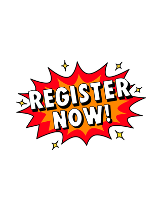 Red starburst with bold white text reading “REGISTER NOW!”