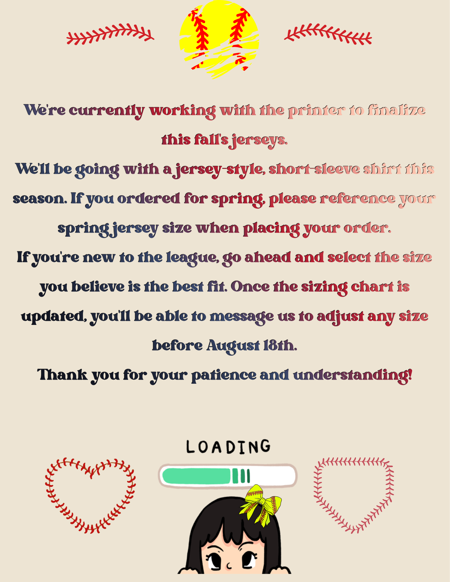 Loading notice with beige background, red bat and heart doodles, and a green progress bar above a cartoon avatar.