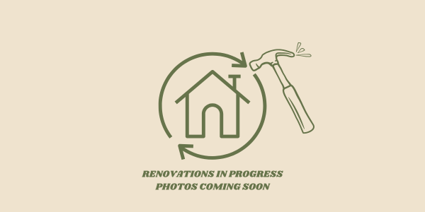 A picture of a house and a hammer with the words `` renovations in progress photos coming soon ''.