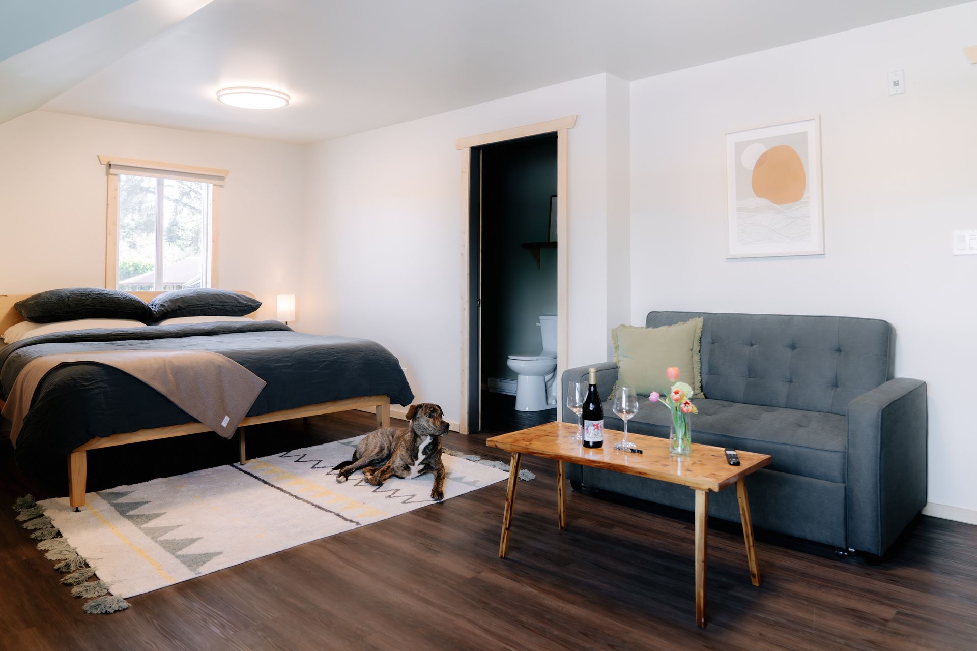 A bedroom with a bed, a dog lying on a patterned rug, and a gray sofa with a coffee table in a modern, bright room.