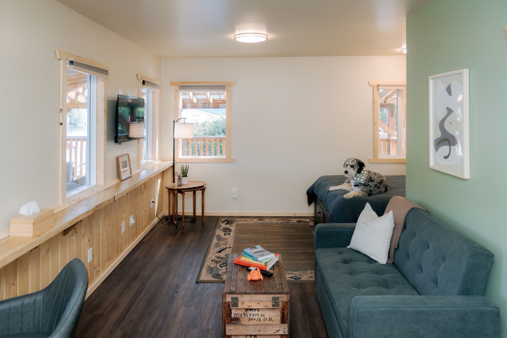 A living room with a teal sofa, a dog sitting on a bed, a wooden coffee table, and windows overlooking a balcony.