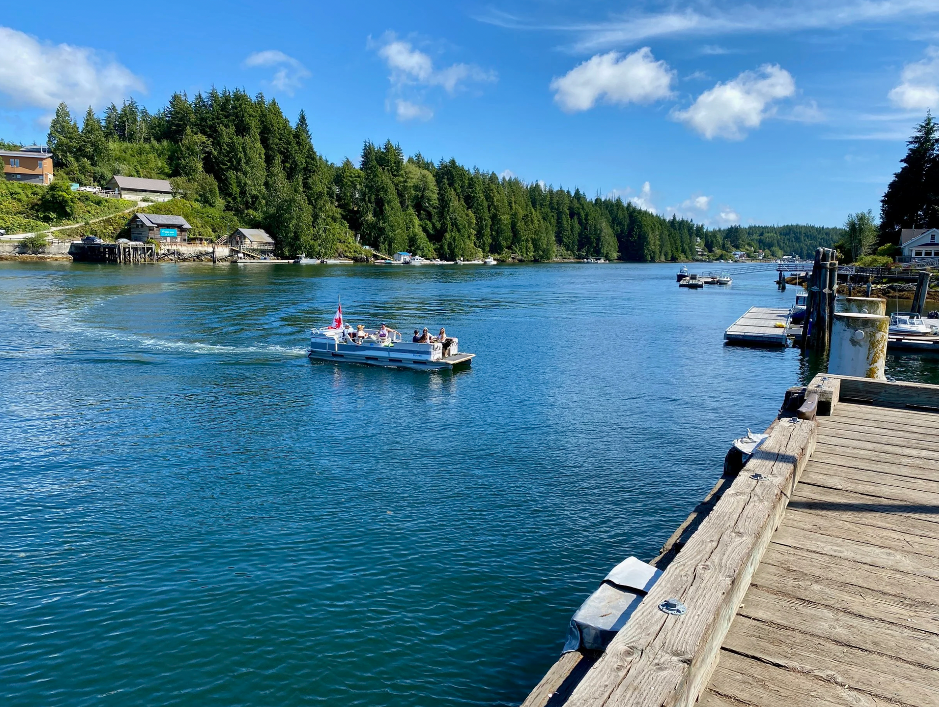 A blue and white tour boat cruises on calm water, featuring orange life preservers attached to its front railings.