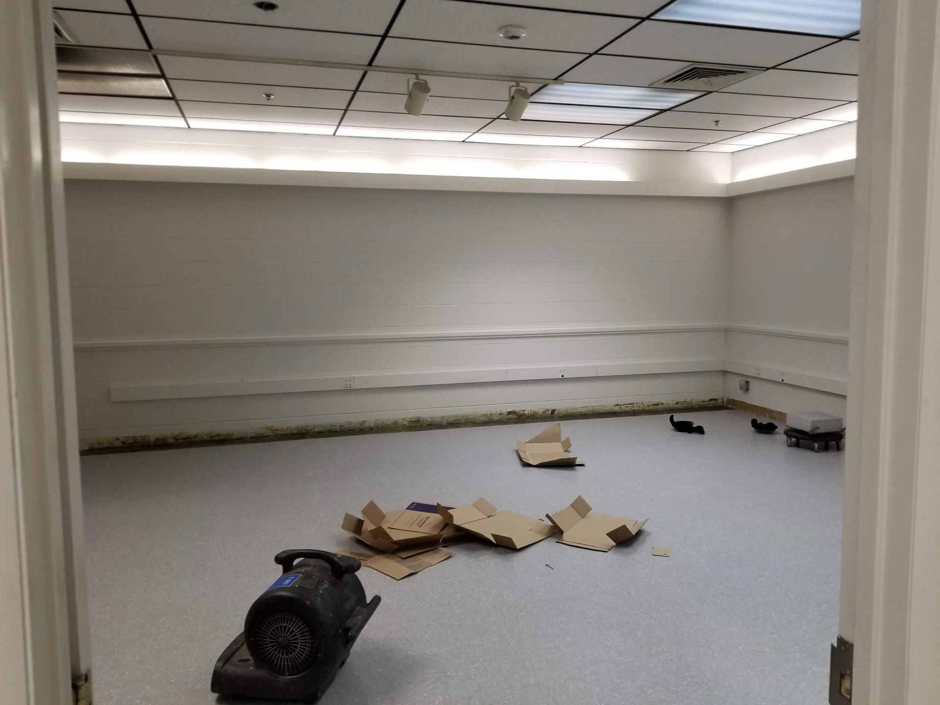 An empty room with a vacuum cleaner on the floor