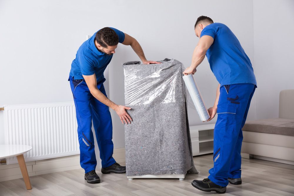 Two Male Movers In Uniform Packing Furniture In Living Room